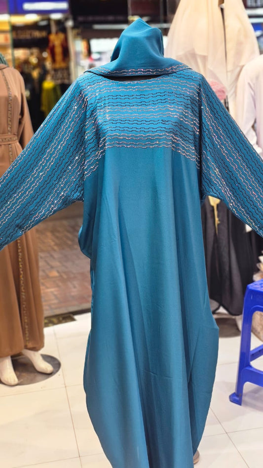 Abaya Royale – Bleu Turquoise avec Détails Brillants